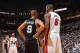 MIAMI, FL - JUNE 18: Tony Parker #9 of the San Antonio Spurs talks to LeBron James #6 of the Miami Heat during Game Six of the 2013 NBA Finals on June 18, 2013 at American Airlines Arena in Miami, Florida. NOTE TO USER: User expressly acknowledges and agrees that, by downloading and or using this photograph, User is consenting to the terms and conditions of the Getty Images License Agreement. Mandatory Copyright Notice: Copyright 2013 NBAE (Photo by Jesse D. Garrabrant/NBAE via Getty Images)