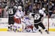 Los Angeles Kings left wing Kyle Clifford (13) and Trevor Lewis (22) celebrate a goal by Clifford during the first period of Game 1 in the NHL Stanley Cup Final hockey series against the New York Rangers on Wednesday, June 4, 2014, in Los Angeles.(AP Photo/Jae C. Hong)
