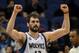 Minnesota Timberwolves forward Kevin Love (42) celebrates in an NBA basketball game against the San Antonio Spurs at the Target Center on in Minneapolis on Tuesday, April 8, 2014. (AP Photo/Hannah Foslien)