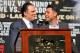 LAS VEGAS, NV - MAY 01: CEO of Golden Boy Promotions Richard Schaefer (L) introduces President of Golden Boy Promotions Oscar De La Hoya at the final news conference for the bout between Floyd Mayweather Jr. and Robert Guerrero at the MGM Grand Hotel/Casino on May 1, 2013 in Las Vegas, Nevada. Mayweather will defend his WBC welterweight title against Guerrero. (Photo by Jeff Bottari/Getty Images)