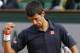Serbia's Novak Djokovic clenches his fost as he defeats Canada's Milos Raonic during their quarterfinal match of the French Open tennis tournament at the Roland Garros stadium, in Paris, France, Tuesday, June 3, 2014. Djokovic won 7-5, 7-6, 6-4. (AP Photo/Michel Spingler)