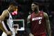 Jun 5, 2014; San Antonio, TX, USA; Miami Heat forward LeBron James (6) talks to San Antonio Spurs forward Tim Duncan (21) during the second quarter in game one of the 2014 NBA Finals at AT&T Center. Mandatory Credit: Soobum Im-USA TODAY Sports