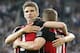 Germany's Thomas Mueller\, from left, Germany's Andre Schuerrle\ and Germany's Lukas Podoslki celebrate scoring during a friendly WCup preparation soccer match between Germany and Cameroon in Moenchengladbach, Germany, Monday, June 2, 2014. (AP Photo/Frank Augstein)