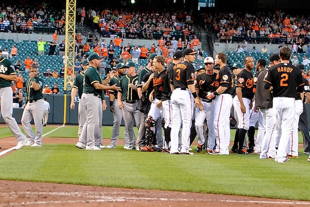 The Benches Cleared Between the Orioles and A's After a Tag Play