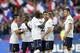 French soccer players celebrate after defeating Norway during their friendly soccer match at the Stade de France stadium in Saint Denis, outside Paris, Tuesday, May 27, 2014. France are preparing for the upcoming soccer World Cup in Brazil starting on 12 June. (AP Photo/Christophe Ena)