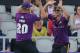 MANCHESTER, ENGLAND - JUNE 06: Aaron Finch of Yorkshire Vikings and Adam Lyth of Yorkshire Vikings celebrate taking the wicket of Tom Smith of Lancashire Lightningat Old Trafford on June 6, 2014 in Manchester, England. (Photo by Dave Thompson/Getty Images)