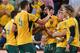 BRISBANE, AUSTRALIA - JUNE 07: Michael Hooper of the Wallabies celebrates a try with team mates during the First International Test Match between the Australian Wallabies and France at Suncorp Stadium on June 7, 2014 in Brisbane, Australia. (Photo by Chris Hyde/Getty Images)