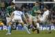 Ireland's Craig Gilroy, center, is tackled by Argentina's Nicolas Sanchez, and Marcelo Bosch, right, as Ireland's Jonathan Sexton, left, follows play during their Rugby Union International at the Aviva Stadium, Dublin, Ireland, Saturday, Nov. 24, 2012. (AP Photo/Peter Morrison)