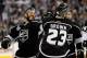 LOS ANGELES, CA - JUNE 07: Dustin Brown #23 of the Los Angeles Kings celebrates with Alec Martinez #27 after Brown scored double overtime game winner as the Kings defeat the New York Rangers 5-4 during Game Two of the 2014 NHL Stanley Cup Final at the Staples Center on June 7, 2014 in Los Angeles, California. (Photo by Harry How/Getty Images)