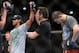 Jun 7, 2014; Albuquerque, NM, USA; Benson Henderson (red) celebrates his victory over Rustam Khabilov (blue) after their lightweight bout during UFC Fight Night 42 at Tingley Coliseum. Henderson won via fourth round submission. Mandatory Credit: Joe Camporeale-USA TODAY Sports