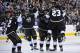 Jun 7, 2014; Los Angeles, CA, USA; Los Angeles Kings right wing Dustin Brown (23) celebrates with his teammates after scoring the game-winning goal against the New York Rangers in the second overtime period during game two of the 2014 Stanley Cup Final at Staples Center. Mandatory Credit: Gary A. Vasquez-USA TODAY Sports