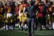 Apr 19, 2014; Los Angeles, CA, USA; Southern California head coach Steve Sarkisian (center) looks up during the Southern California Spring Game at Los Angeles Memorial Coliseum. Mandatory Credit: Kelvin Kuo-USA TODAY Sports