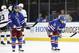 New York Rangers right wing Mats Zuccarello (36), left, and right wing Martin St. Louis (26) skate off the ice after the Rangers lost 3-0 to the Los Angeles Kings in Game 3 of the NHL hockey Stanley Cup Final, Monday, June 9, 2014, in New York. (AP Photo/Kathy Willens)