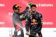 MONTREAL, QC - JUNE 08: Racewinner Daniel Ricciardo of Australia and Infiniti Red Bull Racing is sprayed with champagne by teammate Sebastian Vettel of Germany and Infiniti Red Bull Racing following his victory during the Canadian Formula One Grand Prix at Circuit Gilles Villeneuve on June 8, 2014 in Montreal, Canada. (Photo by Mark Thompson/Getty Images)