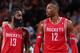 PORTLAND, OR - MAY 2: James Harden #13 and Dwight Howard #12 of the Houston Rockets during a game against the Portland Trail Blazers in Game Six of the Western Conference Quarterfinals during the 2014 NBA Playoffs on May 2, 2014 at the Moda Center in Portland, Oregon. NOTE TO USER: User expressly acknowledges and agrees that, by downloading and or using this photograph, User is consenting to the terms and conditions of the Getty Images License Agreement. Mandatory Copyright Notice: Copyright 2014 NBAE (Photo by Sam Forencich/NBAE via Getty Images)