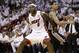 The Miami Heat's LeBron James (6) and San Antonio Spurs' Danny Green (4) work during the first half in Game 7 of the NBA basketball championships, Thursday, June 20, 2013, in Miami. (AP Photo/Lynne Sladky)