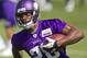 Minnesota Vikings running back Adrian Peterson (28) runs after making a catch in a drill at an NFL organized team activity at the Vikings football practice facility in Eden Prairie, Minn., Thursday, May 29, 2014.(AP Photo/Andy Clayton-King)