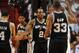 Jun 10, 2014; Miami, FL, USA; San Antonio Spurs forward Kawhi Leonard (2) high fives forward Boris Diaw (33) and guard Danny Green (4) during the first half of game three of the 2014 NBA Finals against the Miami Heat at American Airlines Arena. Mandatory Credit: Steve Mitchell-USA TODAY Sports