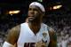 Jun 10, 2014; Miami, FL, USA; Miami Heat forward LeBron James (6) reacts during the first quarter of game three of the 2014 NBA Finals against the San Antonio Spurs at American Airlines Arena. Mandatory Credit: Steve Mitchell-USA TODAY Sports