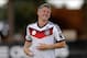 Germany's national soccer player Bastian Schweinsteiger warms up during a training session in Santo Andre near Porto Seguro, Brazil, Tuesday, June 10, 2014. Germany will play in group G of the 2014 soccer World Cup. (AP Photo/Matthias Schrader)