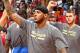 MIAMI, FL - APRIL 6: Carmelo Anthony #7 of the New York Knicks warms up with teammates before the game against the Miami Heat on April 6, 2014 at American Airlines Arena in Miami, Florida. NOTE TO USER: User expressly acknowledges and agrees that, by downloading and or using this photograph, User is consenting to the terms and conditions of the Getty Images License Agreement. Mandatory Copyright Notice: Copyright 2014 NBAE (Photo by Nathaniel S. Butler/NBAE via Getty Images)