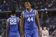 Kentucky center Dakari Johnson (44) celebrates during the second half of an NCAA Final Four tournament college basketball semifinal game against Wisconsin Saturday, April 5, 2014, in Arlington, Texas. (AP Photo/Eric Gay)