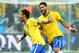Jun 12, 2014; Sao Paulo, BRAZIL; Brazil forward Neymar (10) celebrates with teammate Hulk after scoring a goal against Croatia in the first half of the opening game of the 2014 World Cup at Arena Corinthians. Mandatory Credit: Mark J. Rebilas-USA TODAY Sports