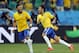 Brazil's Neymar, right, celebrates with teammate Hulk after scoring during the group A World Cup soccer match against Croatia in the opening game of the tournament at Itaquerao Stadium in Sao Paulo, Brazil, Thursday, June 12, 2014. (AP Photo/Frank Augstein)