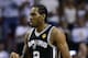 Jun 12, 2014; Miami, FL, USA; San Antonio Spurs forward Kawhi Leonard (2) reacts during the first quarter of game four of the 2014 NBA Finals against the Miami Heat at American Airlines Arena. Mandatory Credit: Bob Donnan-USA TODAY Sports