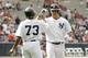 New York Yankees Gary Sanchez, right, celebrates his two run home run with teammate Antoan Richardson during the ninth inning of their exhibition baseball game against the Miami Marlins, a Legend Series game in honor of Mariano Rivera in Panama City, Sunday, March 16, 2014. (AP Photo/Arnulfo Franco)