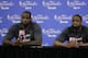 Miami Heat forward LeBron James, left, and Miami Heat guard Dwyane Wade, listen to a questions during a post-game news conference after Game 4 of the NBA basketball finals, Friday, June 13, 2014, in Miami. The San Antonio Spurs defeated the Miami Heat 107-86. (AP Photo/Wilfredo Lee)