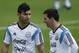 Argentina's Sergio Aguero, left, talks with teammate Lionel Messi during a training session in Vespasiano, near Belo Horizonte, Brazil, Thursday, June 12, 2014. Argentina will play in group F of the Brazil 2014 soccer World Cup. (AP Photo/Victor R. Caivano)