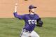 TCU pitcher Preston Morrison pitches in the eighth inning of a second-round game against TCU in the Big 12 conference NCAA college baseball tournament in Oklahoma City, Thursday, May 22, 2014. TCU won 6-2. (AP Photo/Alonzo Adams)
