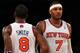 NEW YORK, NY - NOVEMBER 09: Carmelo Anthony #7 and J.R. Smith #8 of the New York Knicks celebrate a foul against the Dallas Mavericks on November 9, 2012 at Madison Square Garden in New York City.The New York Knicks defeated the Dallas Mavericks 104-94. NOTE TO USER: User expressly acknowledges and agrees that, by downloading and/or using this photograph, user is consenting to the terms and conditions of the Getty Images License Agreement. (Photo by Elsa/Getty Images)