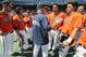 Virginia coach Brian O'Connor, center, address his players during team practice on Friday, June 13, 2014, ahead of the NCAA baseball College World Series tournament at TD Ameritrade Park in Omaha, Neb. Virginia plays Mississippi on Sunday. (AP Photo/Dave Weaver)