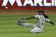 Pittsburgh Pirates center fielder Andrew McCutchen prepares to catch a line drive by Miami Marlins' Rafael Furcal in the fifth inning of a baseball game in Miami, Saturday, June 14, 2014. (AP Photo/Alan Diaz)