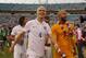 Jun 7, 2014; Jacksonville, FL, USA; United States midfielder Michael Bradley (4) and goalkeeper Tim Howard (1) smile after they beat the Nigeria during the second half at EverBank Field. United States defeated Nigeria 2-1. Mandatory Credit: Kim Klement-USA TODAY Sports