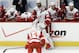 Detroit Red Wings goalie Jimmy Howard (35) and teammates react after the Blackhawks defeated the Red Wings 2-1 in the overtime in Game 7 of the NHL hockey Stanley Cup Western Conference semifinals, Wednesday, May 29, 2013, in Chicago. (AP Photo/Nam Y. Huh)