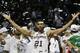San Antonio Spurs forward Tim Duncan (21) celebrates after Game 5 of the NBA basketball finals on Sunday, June 15, 2014, in San Antonio. The Spurs won the NBA championship 104-87. (AP Photo/David J. Phillip)