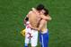 SAO PAULO, BRAZIL - JUNE 12: Darijo Srna of Croatia (L) and Bernard of Brazil swap shirts after the 2014 FIFA World Cup Brazil Group A match between Brazil and Croatia at Arena de Sao Paulo on June 12, 2014 in Sao Paulo, Brazil. (Photo by Elsa/Getty Images)