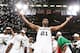SAN ANTONIO, TX - JUNE 15: Tim Duncan #21 of the San Antonio Spurs reacts with teammates after winning 2014 NBA Finals at AT&T Center on June 15, 2014 in San Antonio, Texas. NOTE TO USER: User expressly acknowledges and agrees that, by downloading and/or using this photograph, user is consenting to the terms and conditions of the Getty Images License Agreement. Mandatory Copyright Notice: Copyright 2014 NBAE (Photo by Nathaniel S. Butler/NBAE via Getty Images)