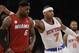 Miami Heat forward LeBron James (6), New York Knicks forward Carmelo Anthony (7) and New York Knicks center Tyson Chandler (6) are shown before their NBA basketball game at Madison Square Garden in New York, Sunday, March 3, 2013. (AP Photo/Kathy Willens)