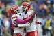 Kansas City Chiefs cornerbacks Brandon Flowers (24) and Sean Smith (27) celebrate after Flowers broke up a pass intended for Tennessee Titans wide receiver Kendall Wright late in the fourth quarter of an NFL football game on Sunday, Oct. 6, 2013, in Nashville, Tenn. Chiefs defensive back Quintin Demps intercepted the deflected pass on the play. (AP Photo/Mark Zaleski)