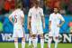 SALVADOR, BRAZIL - JUNE 13: (L - R) Andres Iniesta; Fernando Torres and Cesc Fabregas of Spain look dejected pduring the 2014 FIFA World Cup Brazil Group B match between Spain and Netherlands at Arena Fonte Nova on June 13, 2014 in Salvador, Brazil. (Photo by Quinn Rooney/Getty Images)