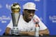 Most Valuable Player San Antonio Spurs forward Kawhi Leonard listens to a question at a news conference after Game 5 of the NBA basketball finals against the Miami Heat on Sunday, June 15, 2014, in San Antonio. (AP Photo/Tony Gutierrez)