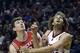 Houston Rockets center Omer Asik, left, and Portland Trail Blazers center Robin Lopez jockey for position on a free throw during the first half of Game 3 of an NBA basketball first-round playoff series in Portland, Ore., Friday, April 25, 2014. (AP Photo/Don Ryan)