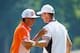 PINEHURST, NC - JUNE 15: (L-R) Rickie Fowler of the United States talks with Martin Kaymer of Germany during the final round of the 114th U.S. Open at Pinehurst Resort & Country Club, Course No. 2 on June 15, 2014 in Pinehurst, North Carolina. (Photo by Sam Greenwood/Getty Images)