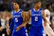 ARLINGTON, TX - APRIL 07: Andrew Harrison #5 and Aaron Harrison #2 of the Kentucky Wildcats react during the NCAA Men's Final Four Championship against the Connecticut Huskies at AT&T Stadium on April 7, 2014 in Arlington, Texas. (Photo by Jamie Squire/Getty Images)