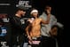 Jan 31, 2014; Newark, NJ, USA; Urijah Faber (right) is interviewed by UFC commentator Joe Rogan after weighing in for his Bantamweight Championship bout against Renan Barao (not pictured) at Prudential Center. Mandatory Credit: Joe Camporeale-USA TODAY Sports