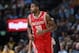 Houston Rockets guard Troy Daniels runs court against the Denver Nuggets in the fourth quarter of the Nuggets' 123-116 victory in an NBA basketball game in Denver on Wednesday, April 9, 2014. (AP Photo/David Zalubowski)